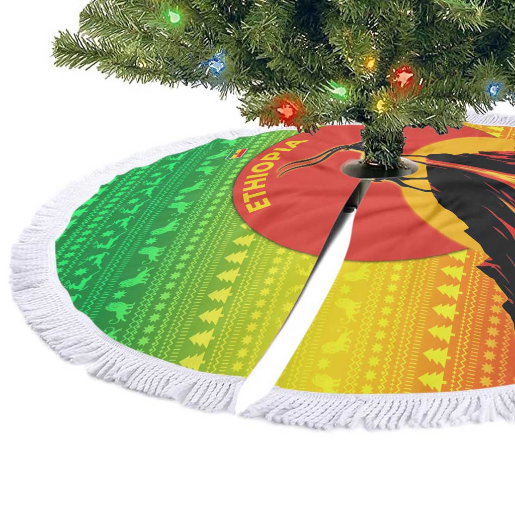 Ethiopia Christmas Tree Skirt with Mountain Gazelle Sunset Ethiopian Flag Colors and Tribal Pattern Design - Wonder Print Shop