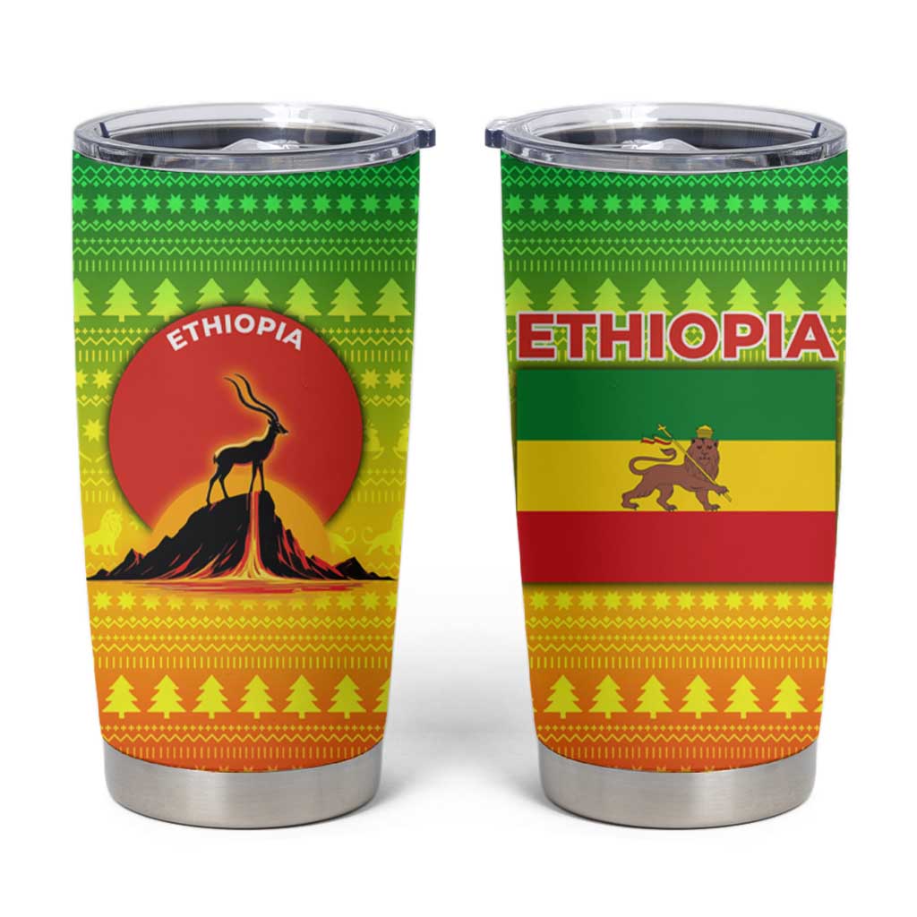 Ethiopia Christmas Tumbler Cup with Mountain Gazelle Sunset Ethiopian Flag Colors and Tribal Pattern Design - Wonder Print Shop