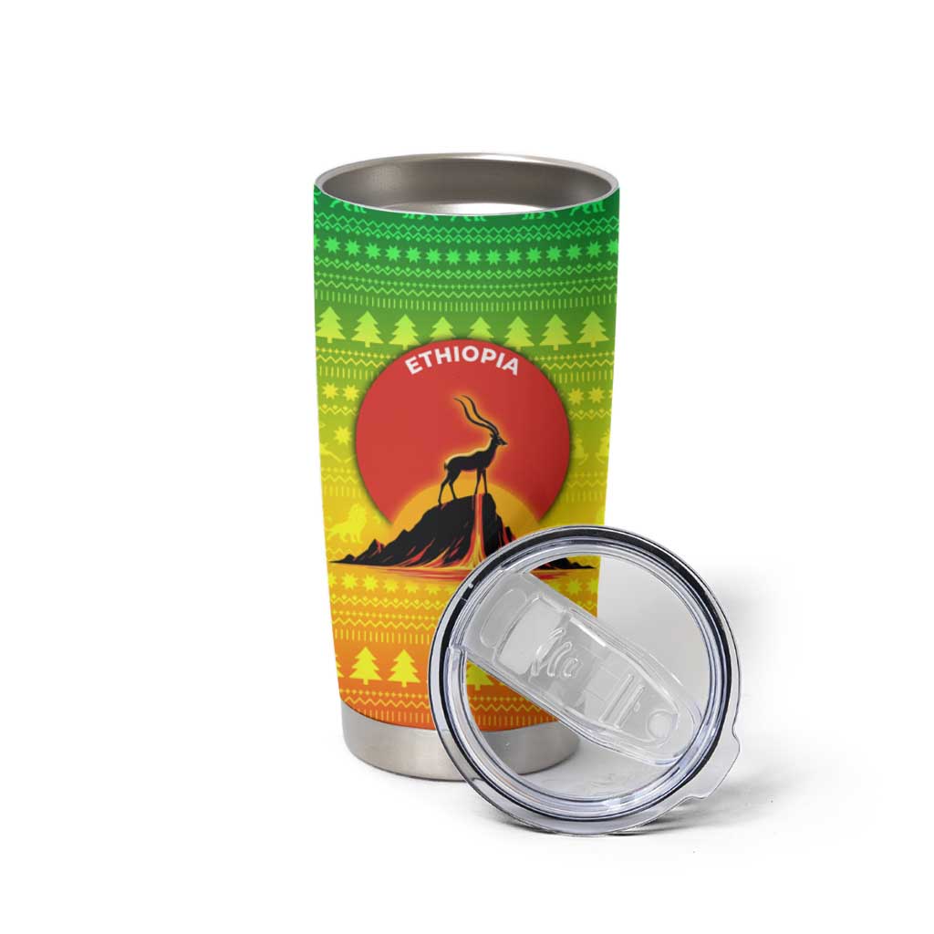 Ethiopia Christmas Tumbler Cup with Mountain Gazelle Sunset Ethiopian Flag Colors and Tribal Pattern Design - Wonder Print Shop