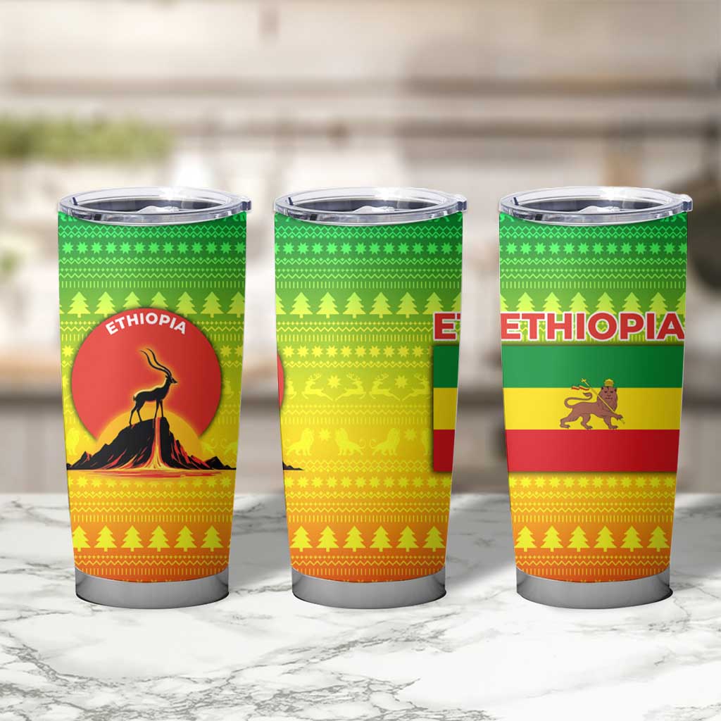 Ethiopia Christmas Tumbler Cup with Mountain Gazelle Sunset Ethiopian Flag Colors and Tribal Pattern Design - Wonder Print Shop