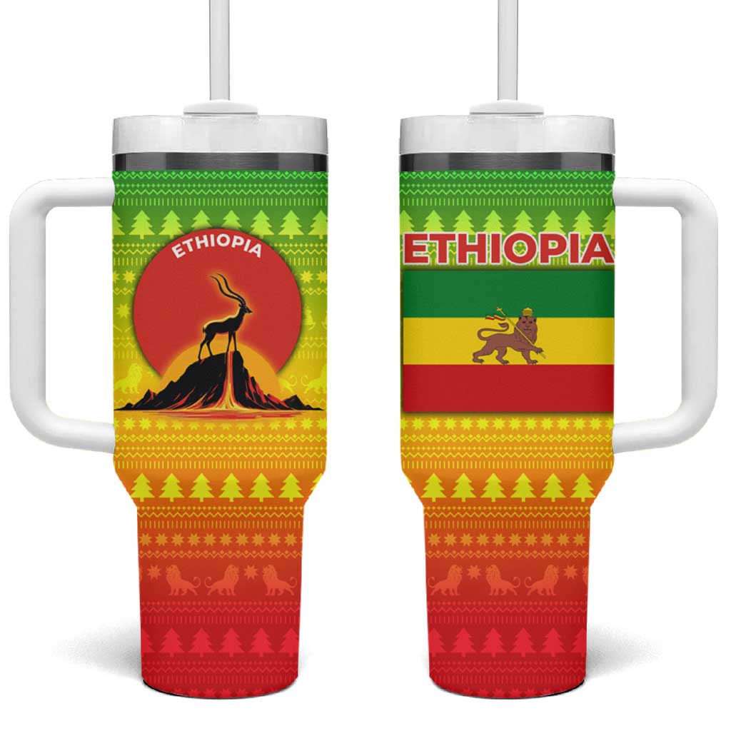 Ethiopia Christmas Tumbler With Handle with Mountain Gazelle Sunset Ethiopian Flag Colors and Tribal Pattern Design - Wonder Print Shop