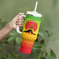 Ethiopia Christmas Tumbler With Handle with Mountain Gazelle Sunset Ethiopian Flag Colors and Tribal Pattern Design - Wonder Print Shop