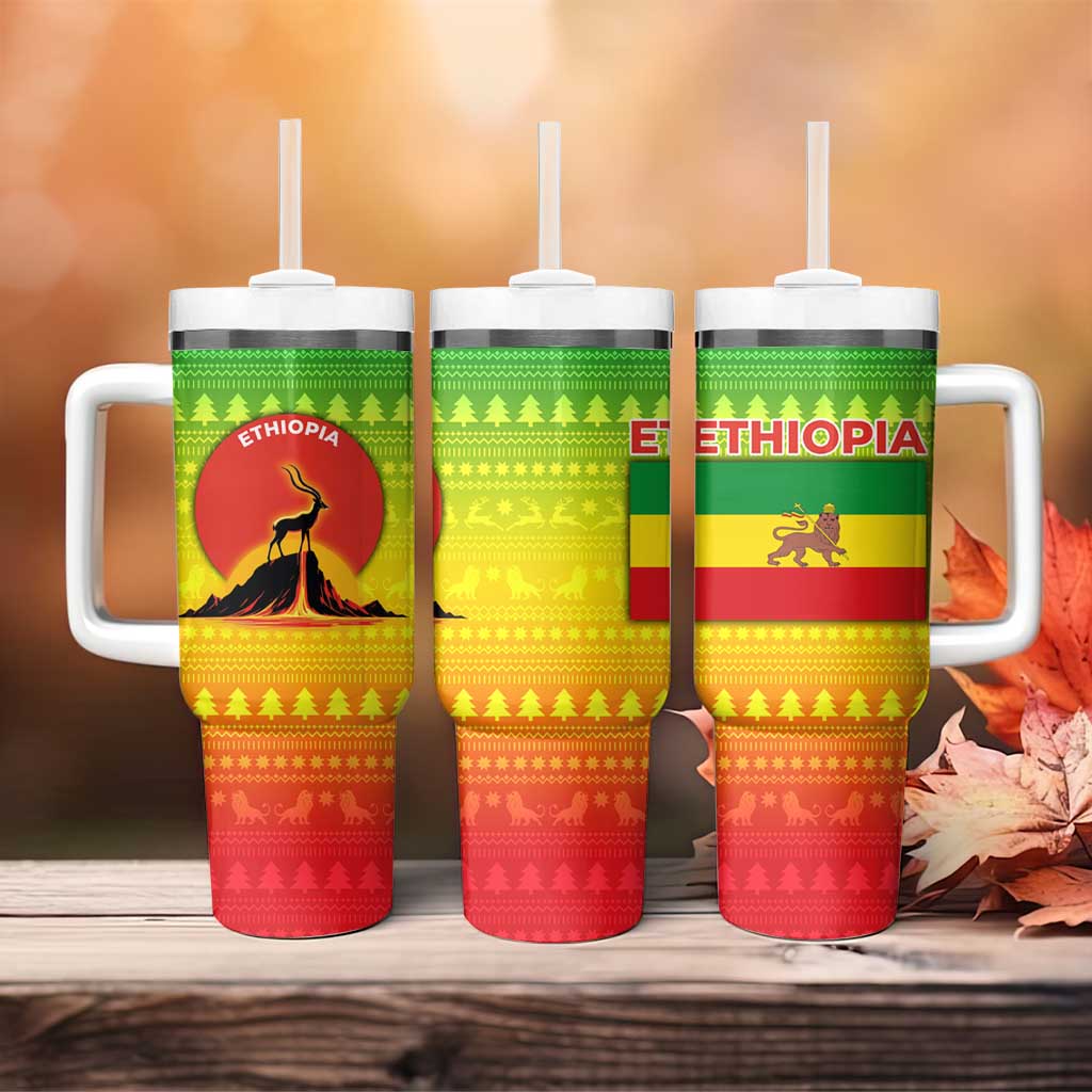 Ethiopia Christmas Tumbler With Handle with Mountain Gazelle Sunset Ethiopian Flag Colors and Tribal Pattern Design - Wonder Print Shop