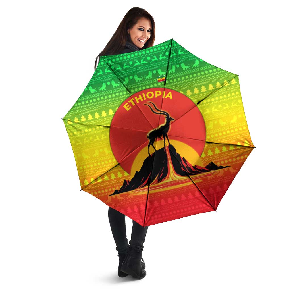 Ethiopia Christmas Umbrella with Mountain Gazelle Sunset Ethiopian Flag Colors and Tribal Pattern Design - Wonder Print Shop