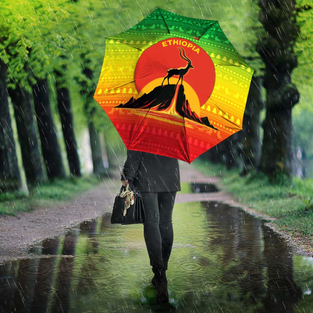 Ethiopia Christmas Umbrella with Mountain Gazelle Sunset Ethiopian Flag Colors and Tribal Pattern Design - Wonder Print Shop