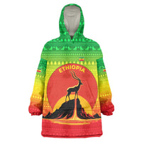 Ethiopia Christmas Wearable Blanket Hoodie with Mountain Gazelle Sunset Ethiopian Flag Colors and Tribal Pattern Design - Wonder Print Shop