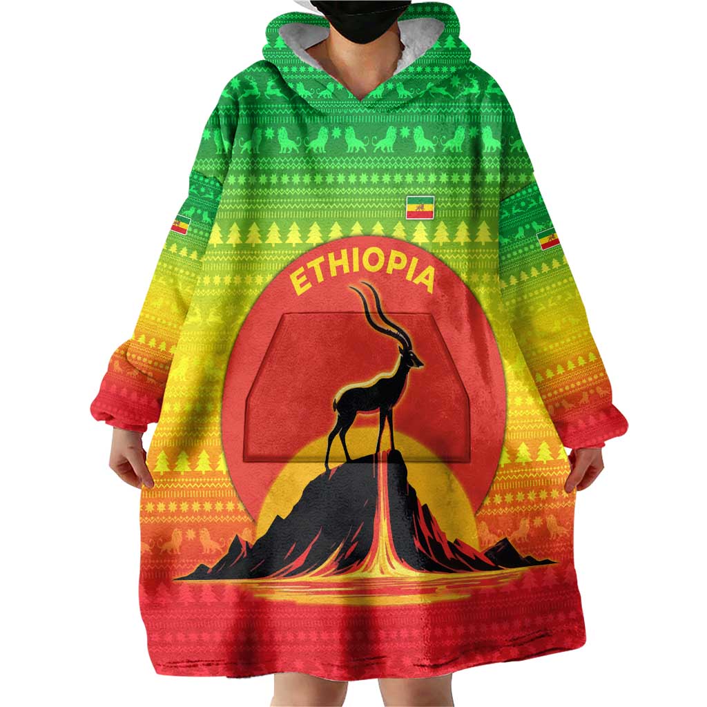 Ethiopia Christmas Wearable Blanket Hoodie with Mountain Gazelle Sunset Ethiopian Flag Colors and Tribal Pattern Design - Wonder Print Shop