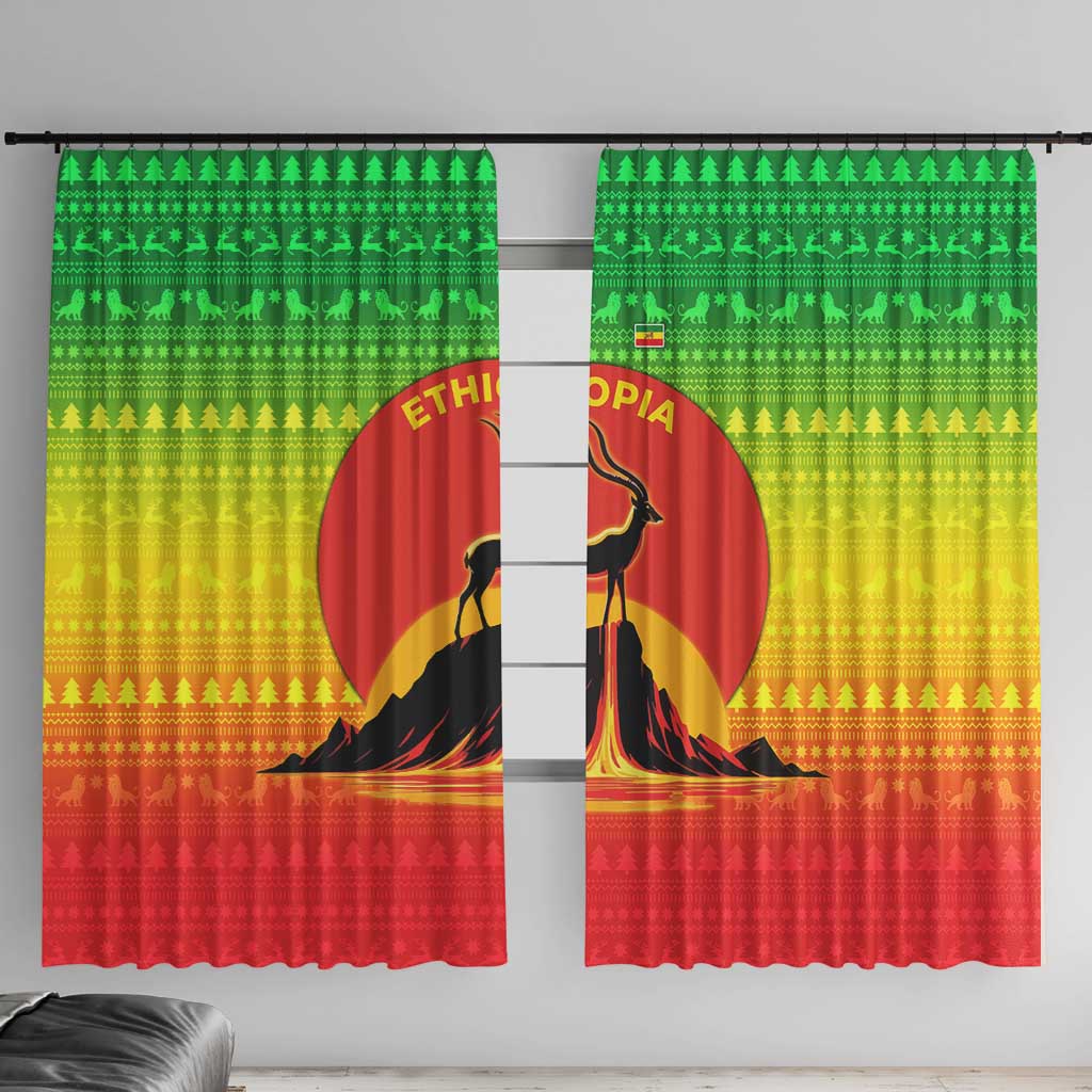 Ethiopia Christmas Window Curtain with Mountain Gazelle Sunset Ethiopian Flag Colors and Tribal Pattern Design - Wonder Print Shop