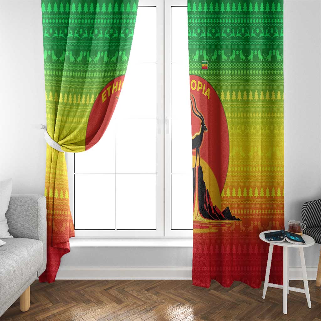Ethiopia Christmas Window Curtain with Mountain Gazelle Sunset Ethiopian Flag Colors and Tribal Pattern Design - Wonder Print Shop