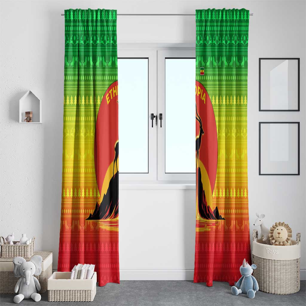 Ethiopia Christmas Window Curtain with Mountain Gazelle Sunset Ethiopian Flag Colors and Tribal Pattern Design - Wonder Print Shop