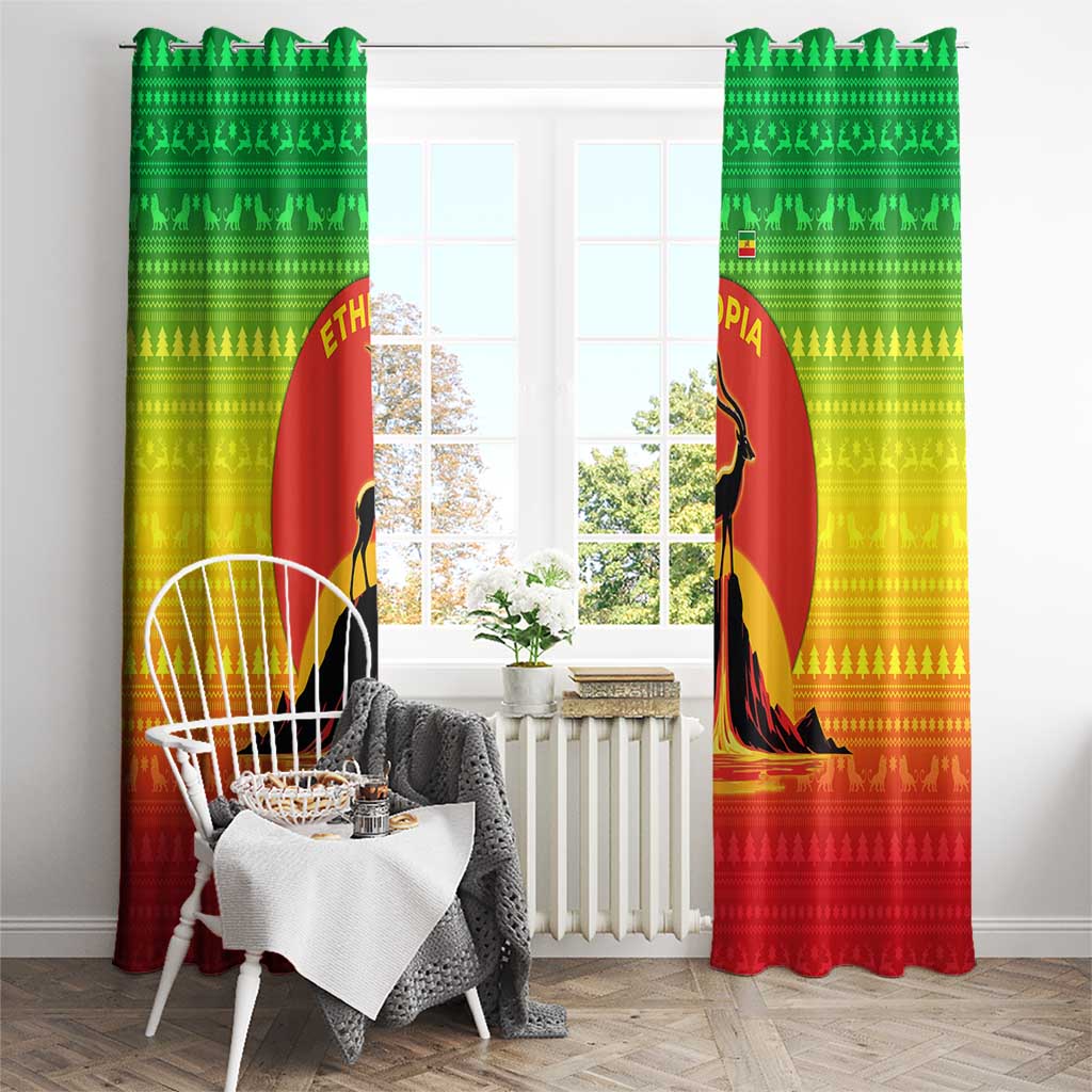 Ethiopia Christmas Window Curtain with Mountain Gazelle Sunset Ethiopian Flag Colors and Tribal Pattern Design - Wonder Print Shop