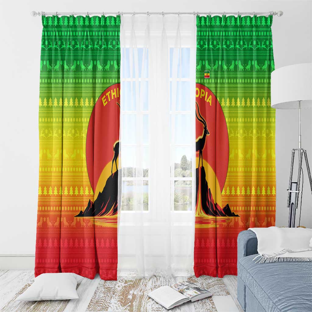 Ethiopia Christmas Window Curtain with Mountain Gazelle Sunset Ethiopian Flag Colors and Tribal Pattern Design - Wonder Print Shop