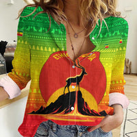 Ethiopia Christmas Women Casual Shirt with Mountain Gazelle Sunset Ethiopian Flag Colors and Tribal Pattern Design - Wonder Print Shop