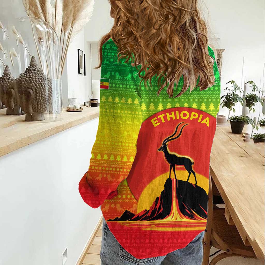 Ethiopia Christmas Women Casual Shirt with Mountain Gazelle Sunset Ethiopian Flag Colors and Tribal Pattern Design - Wonder Print Shop