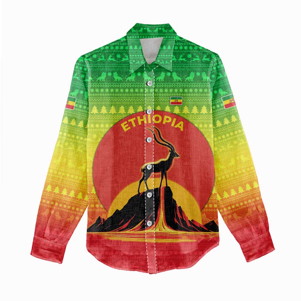 Ethiopia Christmas Women Casual Shirt with Mountain Gazelle Sunset Ethiopian Flag Colors and Tribal Pattern Design - Wonder Print Shop