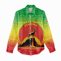 Ethiopia Christmas Women Casual Shirt with Mountain Gazelle Sunset Ethiopian Flag Colors and Tribal Pattern Design - Wonder Print Shop