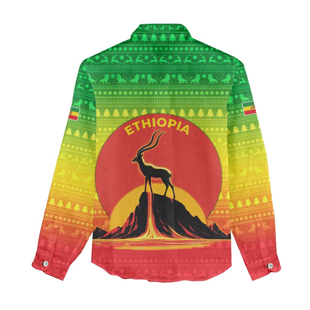 Ethiopia Christmas Women Casual Shirt with Mountain Gazelle Sunset Ethiopian Flag Colors and Tribal Pattern Design - Wonder Print Shop