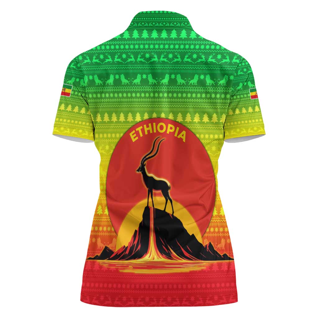Ethiopia Christmas Women Polo Shirt with Mountain Gazelle Sunset Ethiopian Flag Colors and Tribal Pattern Design - Wonder Print Shop