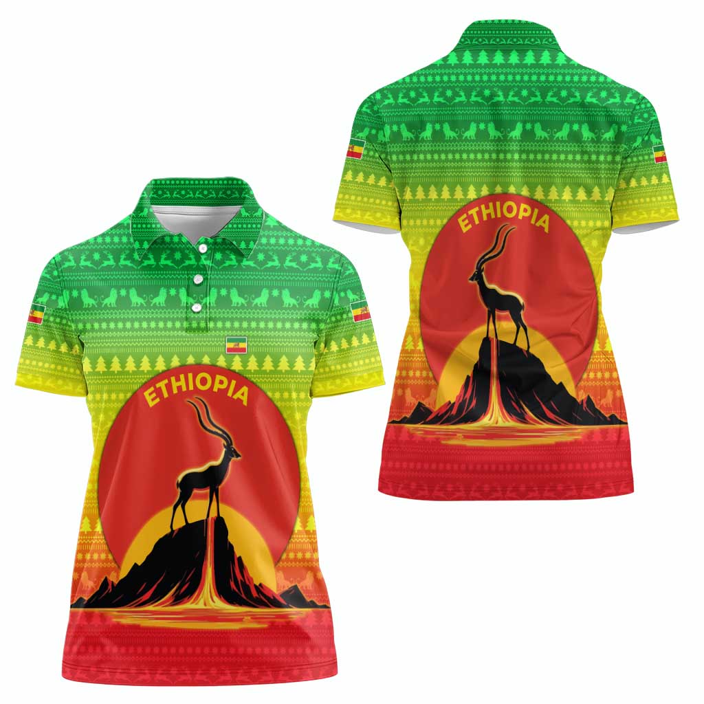 Ethiopia Christmas Women Polo Shirt with Mountain Gazelle Sunset Ethiopian Flag Colors and Tribal Pattern Design - Wonder Print Shop