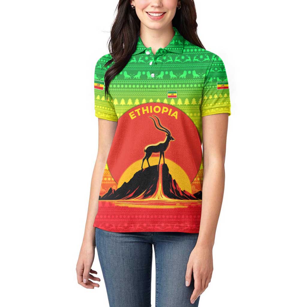 Ethiopia Christmas Women Polo Shirt with Mountain Gazelle Sunset Ethiopian Flag Colors and Tribal Pattern Design - Wonder Print Shop