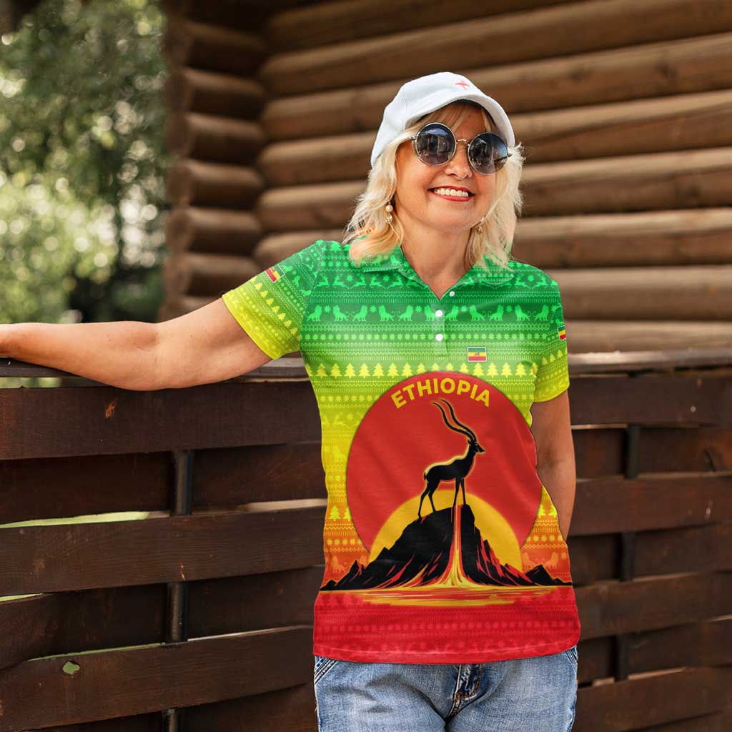 Ethiopia Christmas Women Polo Shirt with Mountain Gazelle Sunset Ethiopian Flag Colors and Tribal Pattern Design - Wonder Print Shop