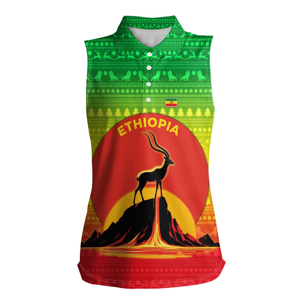 Ethiopia Christmas Women Sleeveless Polo Shirt with Mountain Gazelle Sunset Ethiopian Flag Colors and Tribal Pattern Design - Wonder Print Shop
