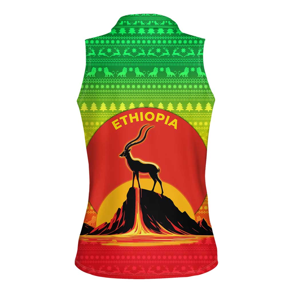 Ethiopia Christmas Women Sleeveless Polo Shirt with Mountain Gazelle Sunset Ethiopian Flag Colors and Tribal Pattern Design - Wonder Print Shop