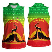 Ethiopia Christmas Women Sleeveless Polo Shirt with Mountain Gazelle Sunset Ethiopian Flag Colors and Tribal Pattern Design - Wonder Print Shop