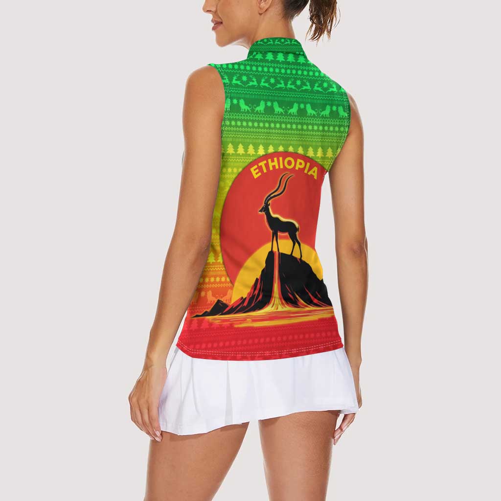 Ethiopia Christmas Women Sleeveless Polo Shirt with Mountain Gazelle Sunset Ethiopian Flag Colors and Tribal Pattern Design - Wonder Print Shop