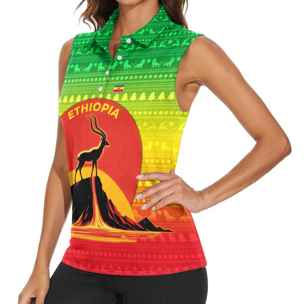 Ethiopia Christmas Women Sleeveless Polo Shirt with Mountain Gazelle Sunset Ethiopian Flag Colors and Tribal Pattern Design - Wonder Print Shop