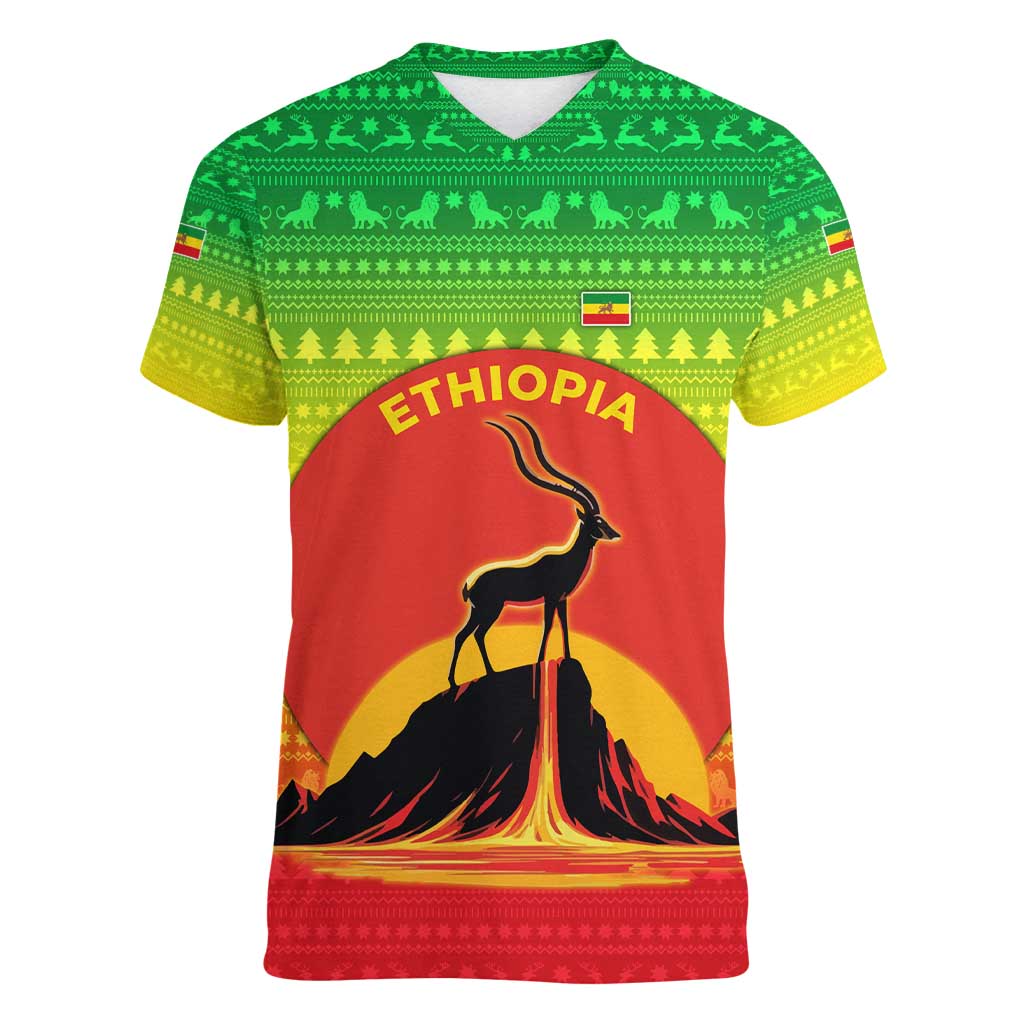 Ethiopia Christmas Women V-Neck T-Shirt with Mountain Gazelle Sunset Ethiopian Flag Colors and Tribal Pattern Design - Wonder Print Shop