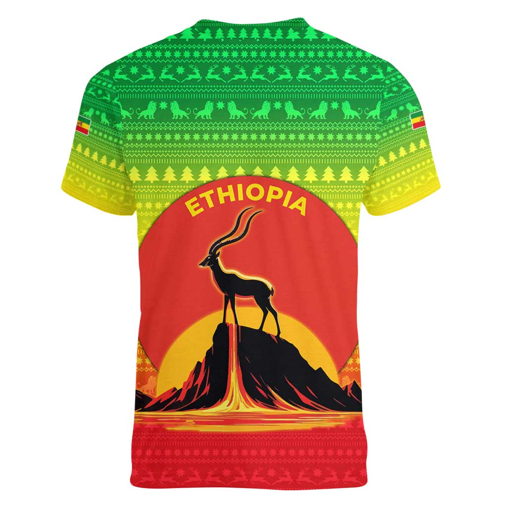 Ethiopia Christmas Women V-Neck T-Shirt with Mountain Gazelle Sunset Ethiopian Flag Colors and Tribal Pattern Design - Wonder Print Shop