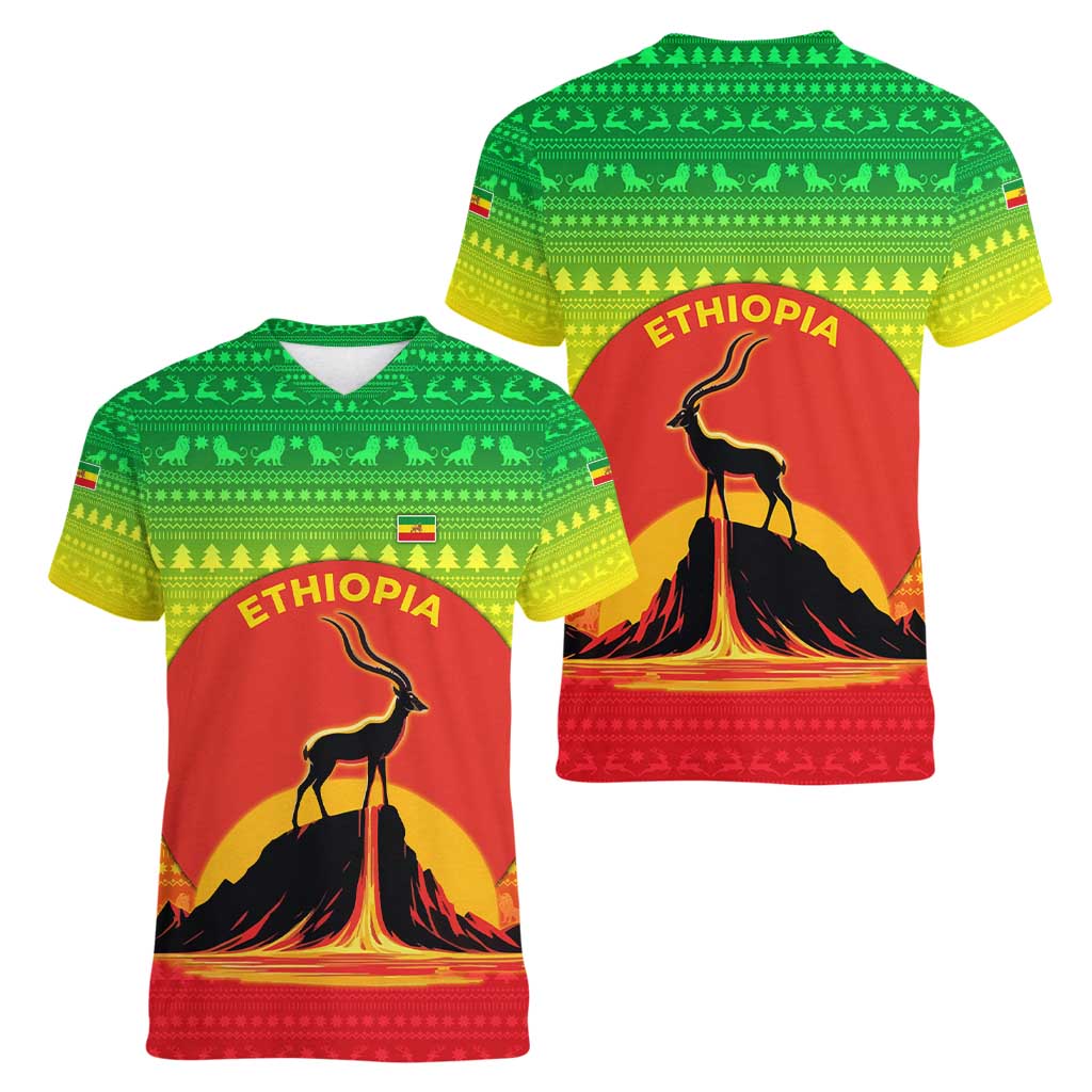 Ethiopia Christmas Women V-Neck T-Shirt with Mountain Gazelle Sunset Ethiopian Flag Colors and Tribal Pattern Design - Wonder Print Shop