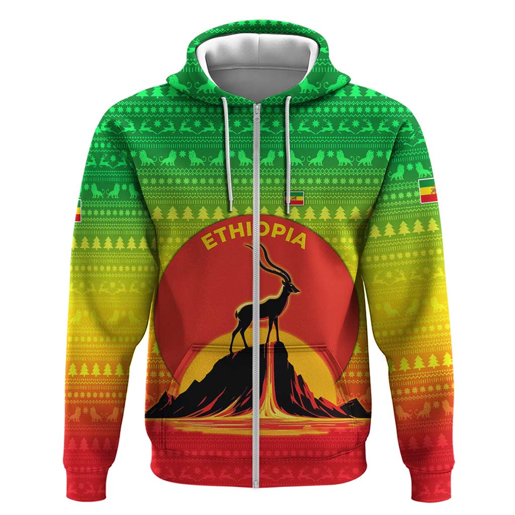 Ethiopia Christmas Zip Hoodie with Mountain Gazelle Sunset Ethiopian Flag Colors and Tribal Pattern Design - Wonder Print Shop