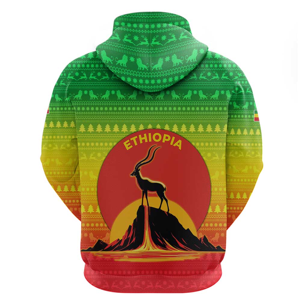 Ethiopia Christmas Zip Hoodie with Mountain Gazelle Sunset Ethiopian Flag Colors and Tribal Pattern Design - Wonder Print Shop