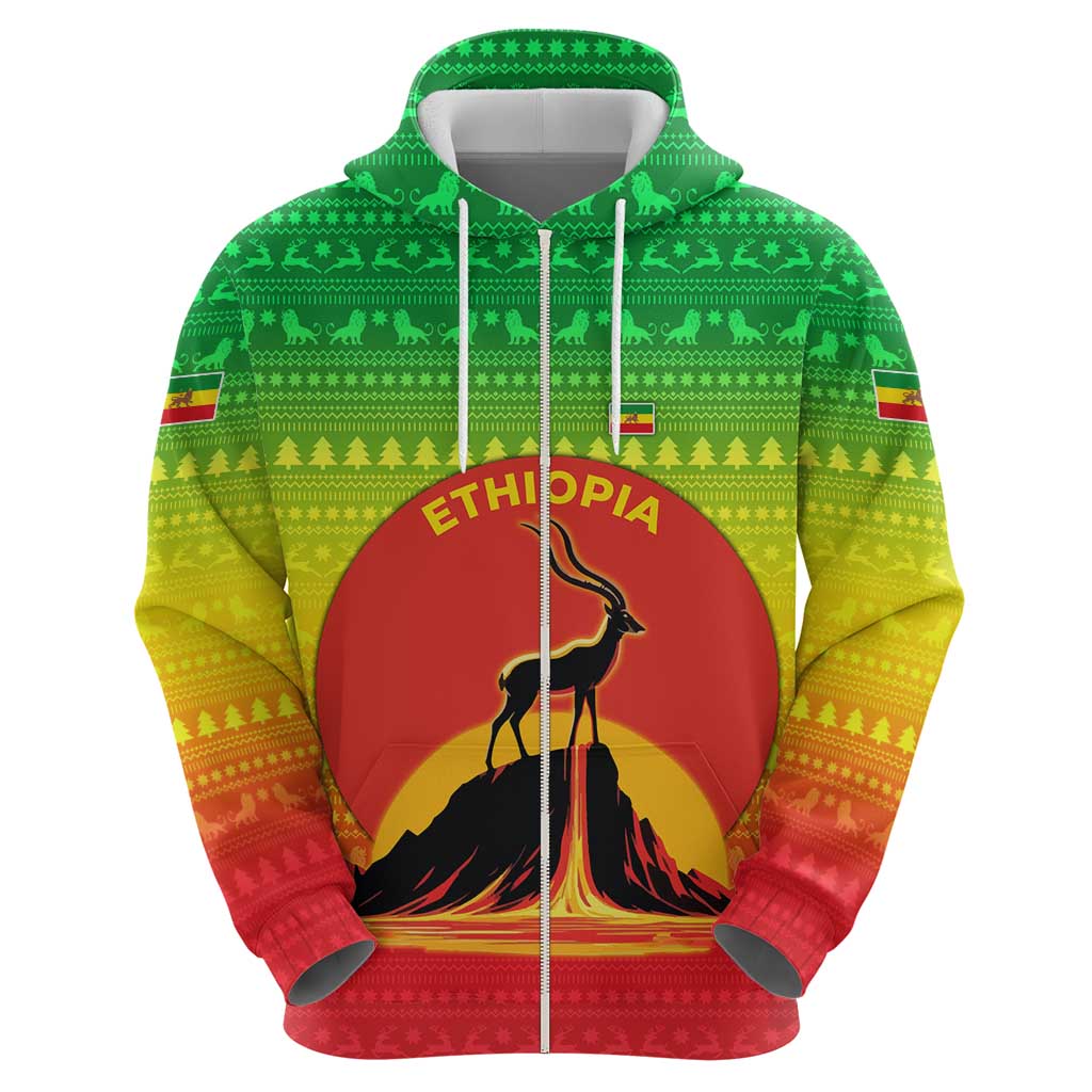 Ethiopia Christmas Zip Hoodie with Mountain Gazelle Sunset Ethiopian Flag Colors and Tribal Pattern Design - Wonder Print Shop