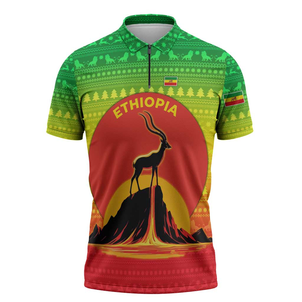 Ethiopia Christmas Zipper Polo Shirt with Mountain Gazelle Sunset Ethiopian Flag Colors and Tribal Pattern Design - Wonder Print Shop