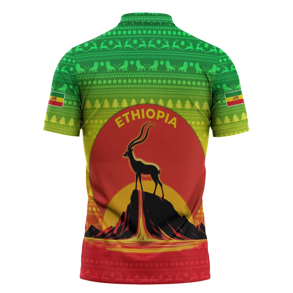 Ethiopia Christmas Zipper Polo Shirt with Mountain Gazelle Sunset Ethiopian Flag Colors and Tribal Pattern Design - Wonder Print Shop