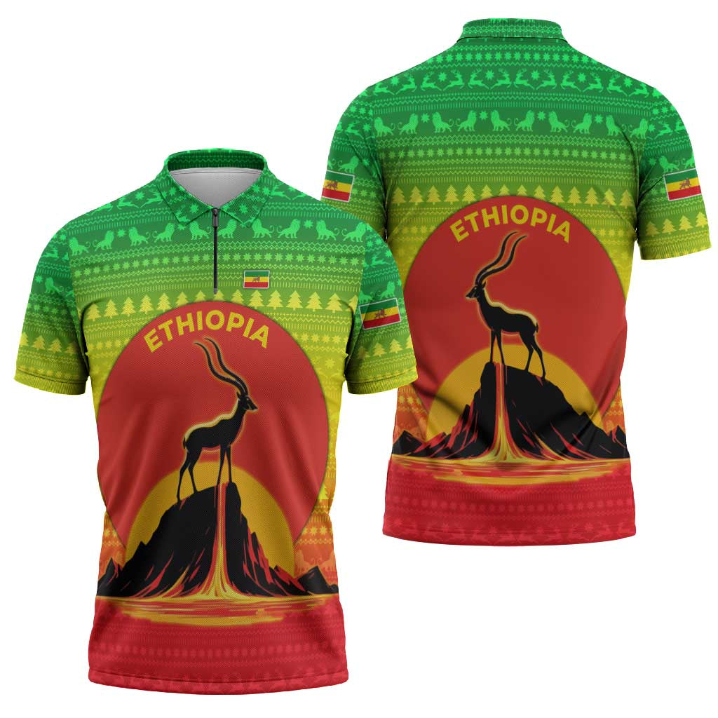 Ethiopia Christmas Zipper Polo Shirt with Mountain Gazelle Sunset Ethiopian Flag Colors and Tribal Pattern Design - Wonder Print Shop