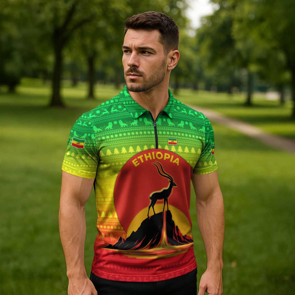 Ethiopia Christmas Zipper Polo Shirt with Mountain Gazelle Sunset Ethiopian Flag Colors and Tribal Pattern Design - Wonder Print Shop