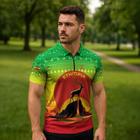 Ethiopia Christmas Zipper Polo Shirt with Mountain Gazelle Sunset Ethiopian Flag Colors and Tribal Pattern Design - Wonder Print Shop