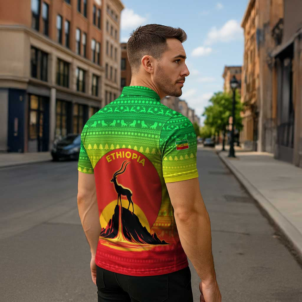 Ethiopia Christmas Zipper Polo Shirt with Mountain Gazelle Sunset Ethiopian Flag Colors and Tribal Pattern Design - Wonder Print Shop