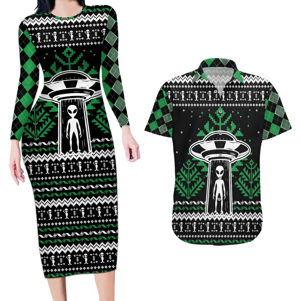 Alien Christmas Couples Matching Long Sleeve Bodycon Dress and Hawaiian Shirt Xmas Holiday Patterns - Wonder Print Shop