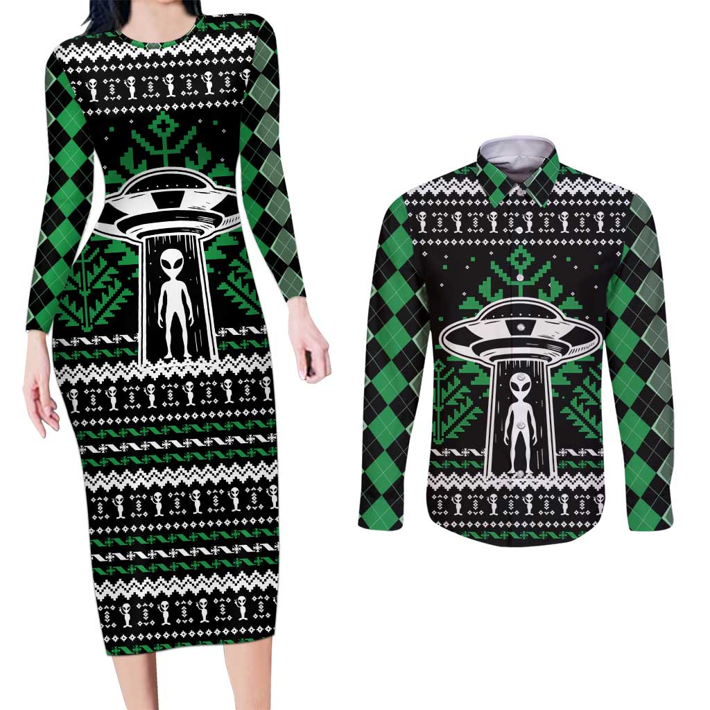 Alien Christmas Couples Matching Long Sleeve Bodycon Dress and Long Sleeve Button Shirt Xmas Holiday Patterns - Wonder Print Shop
