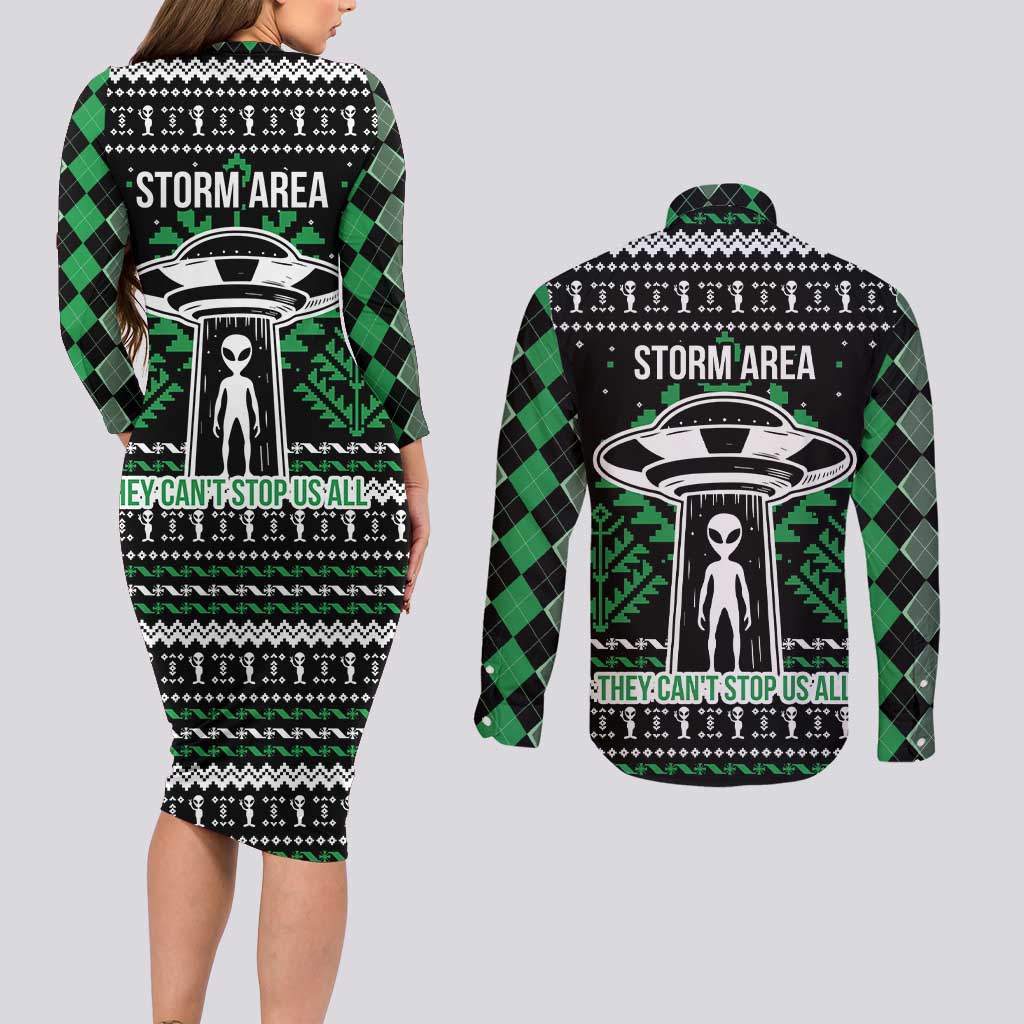 Alien Christmas Couples Matching Long Sleeve Bodycon Dress and Long Sleeve Button Shirt Xmas Holiday Patterns - Wonder Print Shop