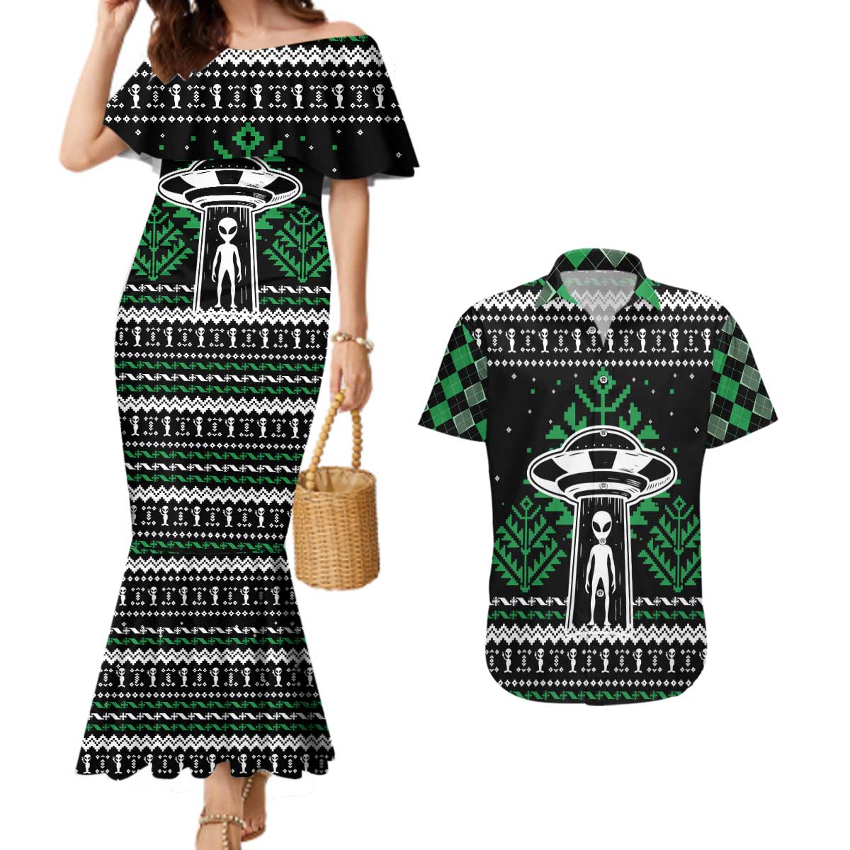 Alien Christmas Couples Matching Mermaid Dress and Hawaiian Shirt Xmas Holiday Patterns - Wonder Print Shop