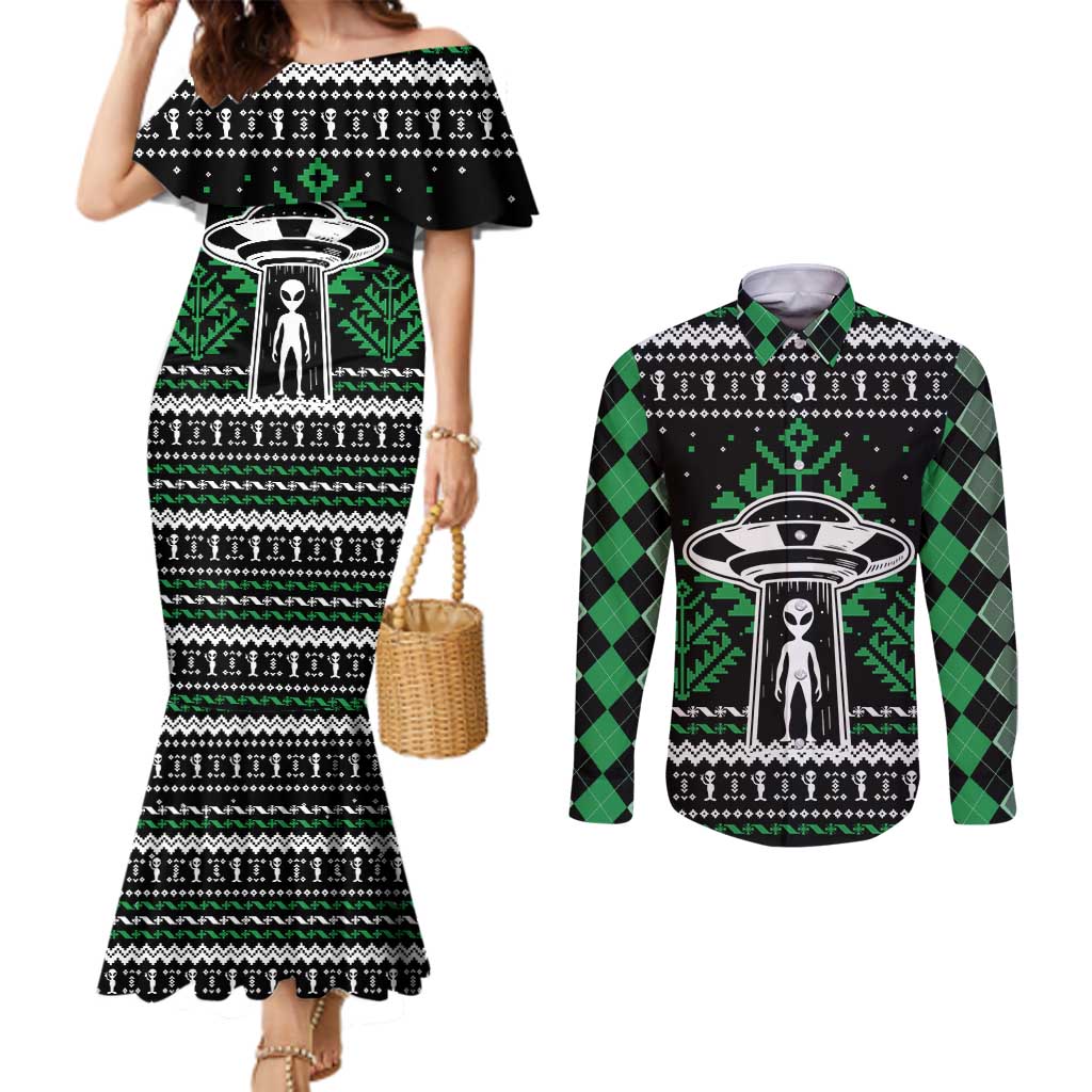 Alien Christmas Couples Matching Mermaid Dress and Long Sleeve Button Shirt Xmas Holiday Patterns - Wonder Print Shop