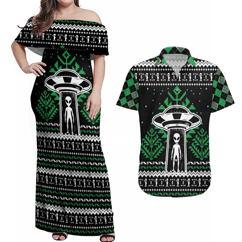 Alien Christmas Couples Matching Off Shoulder Maxi Dress and Hawaiian Shirt Xmas Holiday Patterns - Wonder Print Shop
