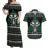 Alien Christmas Couples Matching Off Shoulder Maxi Dress and Hawaiian Shirt Xmas Holiday Patterns - Wonder Print Shop