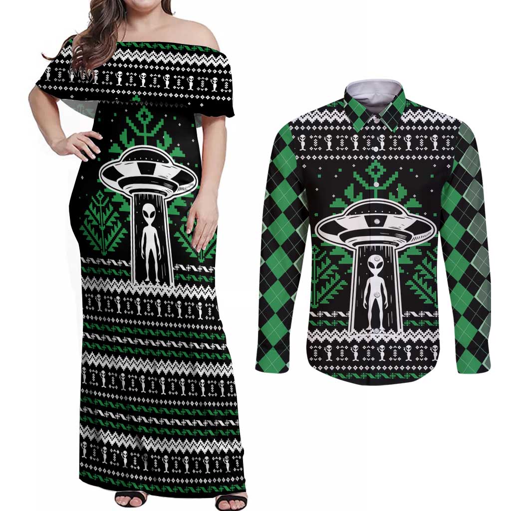 Alien Christmas Couples Matching Off Shoulder Maxi Dress and Long Sleeve Button Shirt Xmas Holiday Patterns - Wonder Print Shop